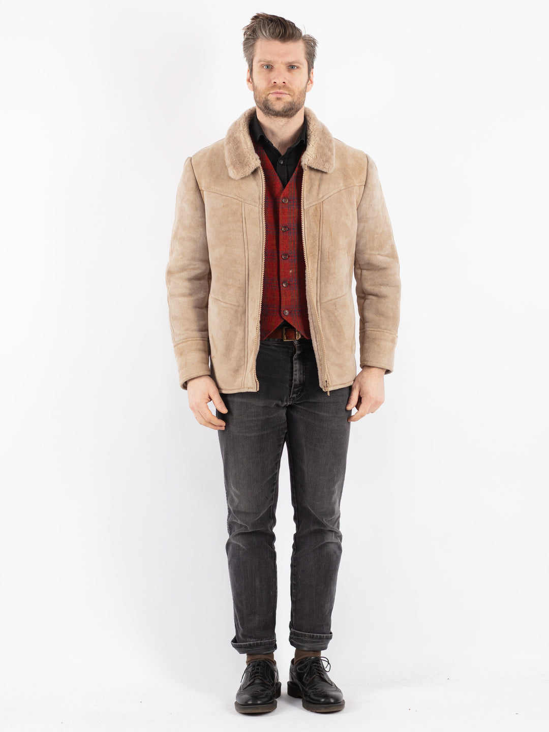Vintage 90's Men Sheepskin Jacket in Beige