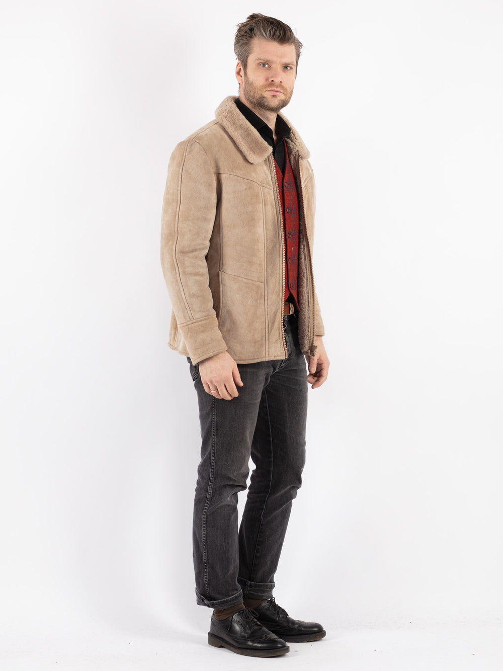 Vintage 90's Men Sheepskin Jacket in Beige