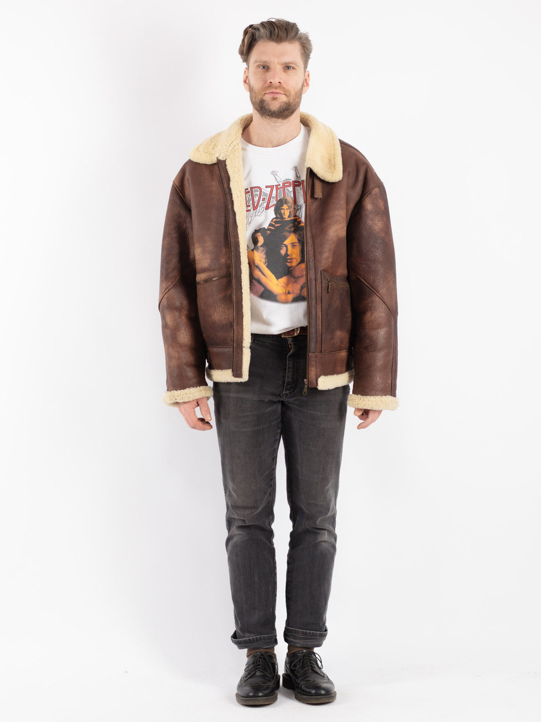 Vintage 90's Men B-3 Style Sheepskin Bomber Jacket in Brown - NorthernGrip