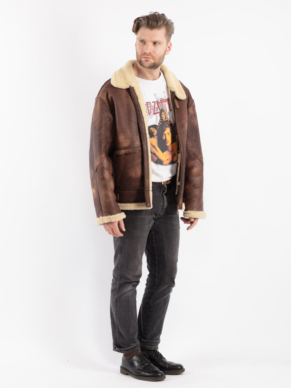 Vintage 90's Men B-3 Style Sheepskin Bomber Jacket in Brown - NorthernGrip