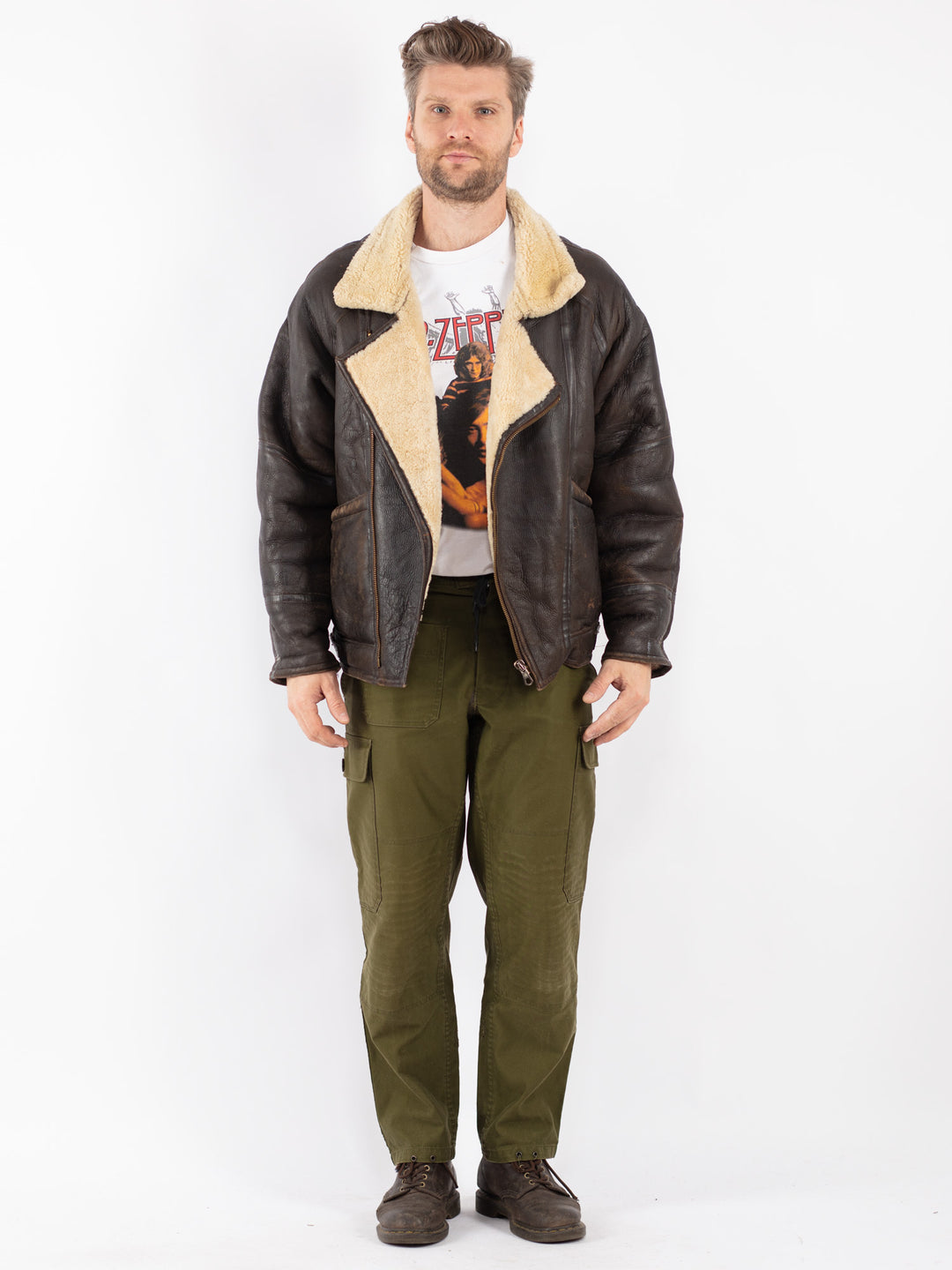 Vintage 90's Men Sheepskin Shearling Jacket in Brown