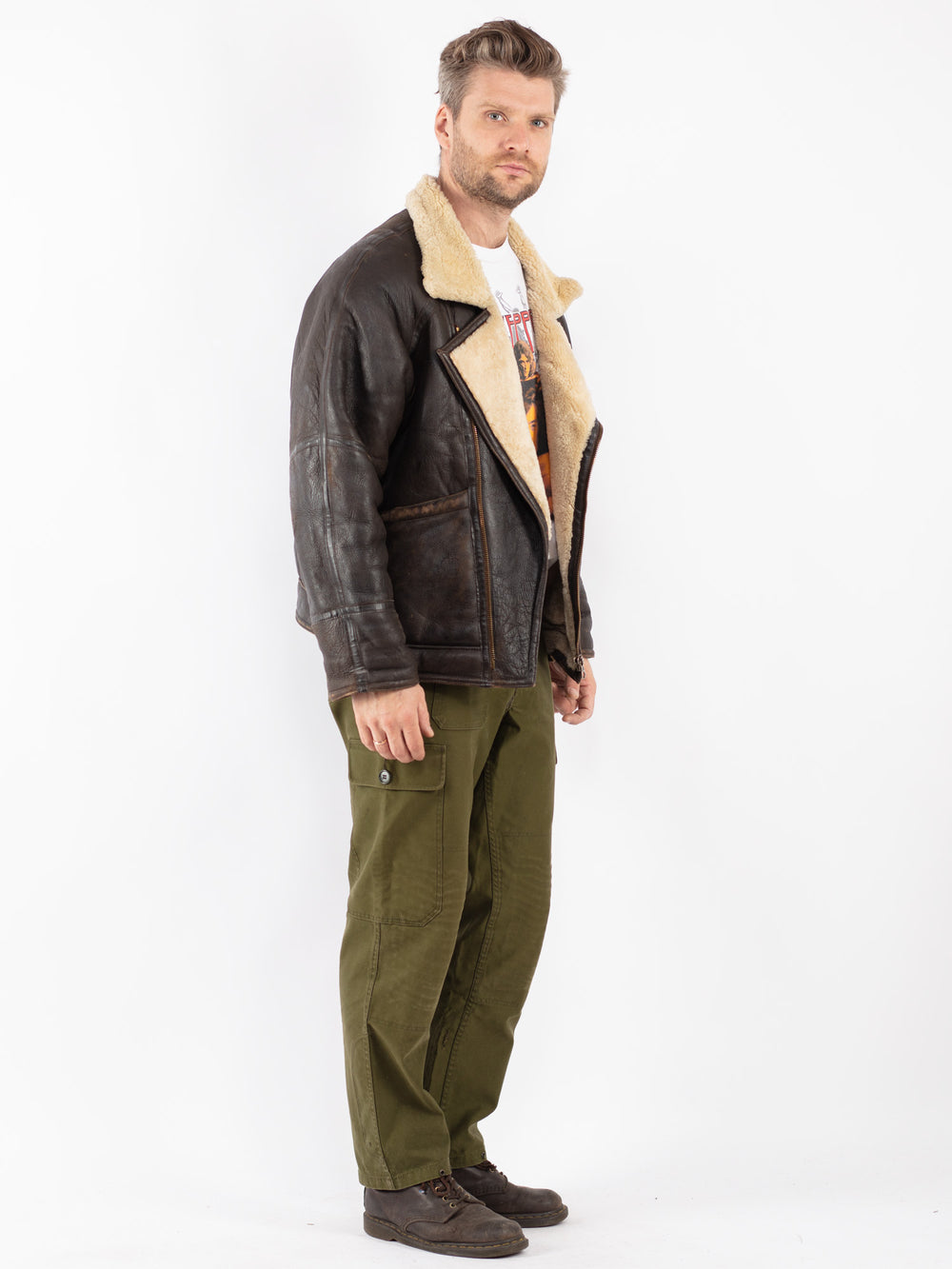 Vintage 90's Men Sheepskin Shearling Jacket in Brown