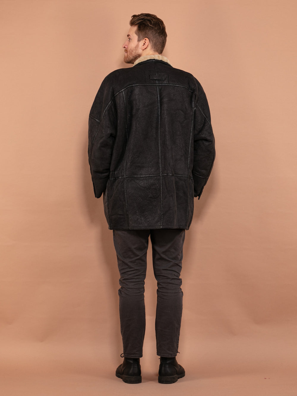 Vintage 90's Men Sheepskin Leather Coat in Black - NorthernGrip