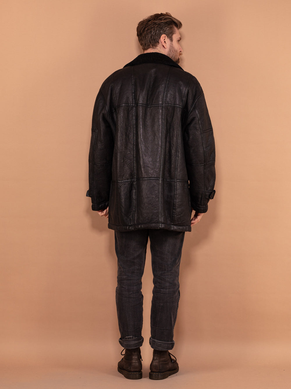 Vintage 90's Men Sheepskin Leather Coat in Black - NorthernGrip