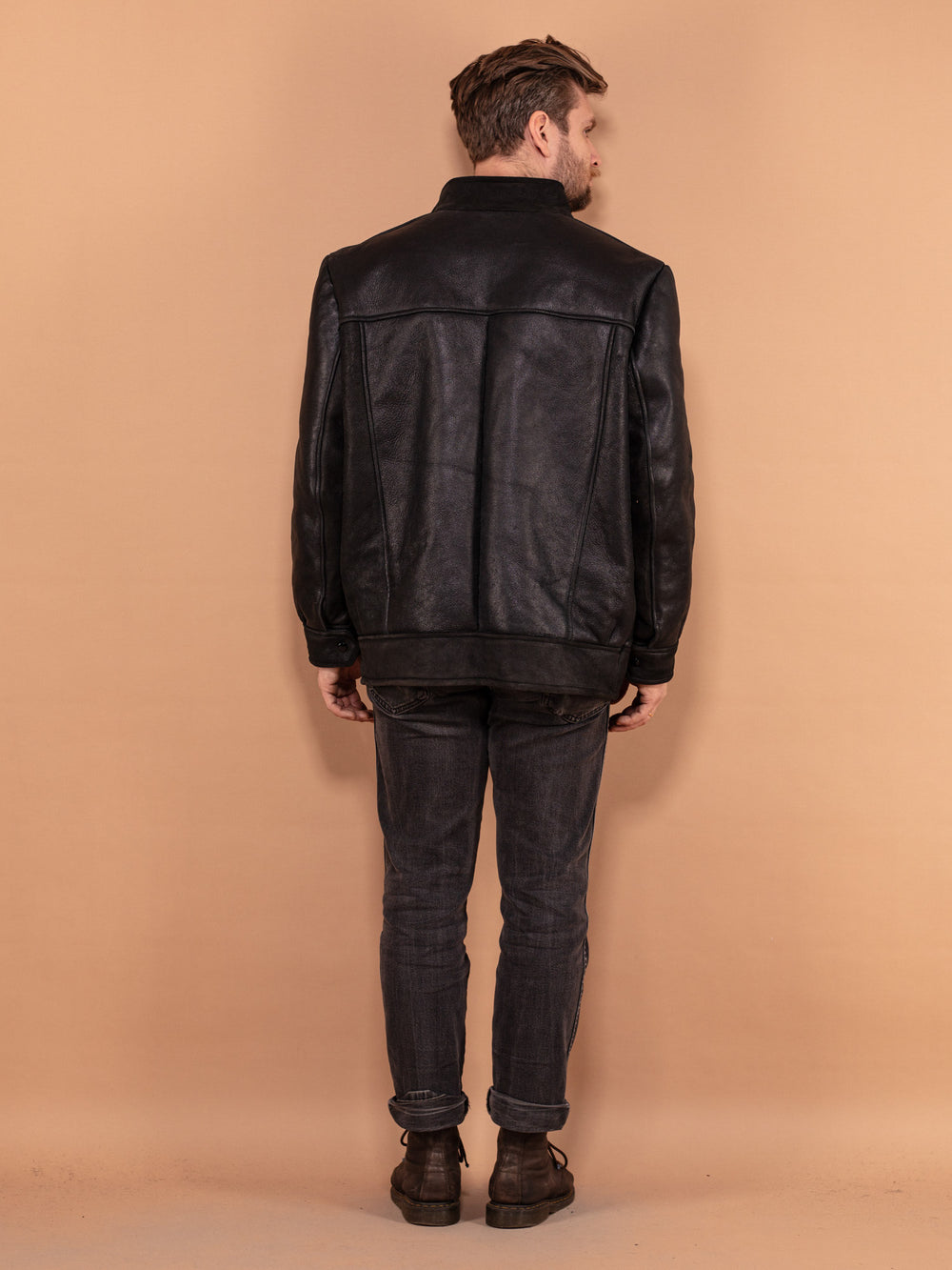 Vintage 90's Men Sheepskin Leather Jacket in Black - NorthernGrip