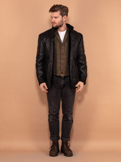 Black Sheepskin Jacket 90's, Vintage Sheepskin Jacket XL Size, Moto Men Coat, Warm Shearling Coat, Old Fashioned Overcoat, Black Fur Jacket