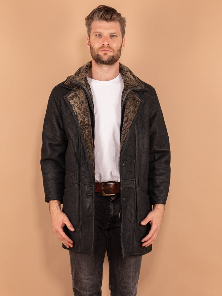 Vintage 90's Men Sheepskin Coat in Black