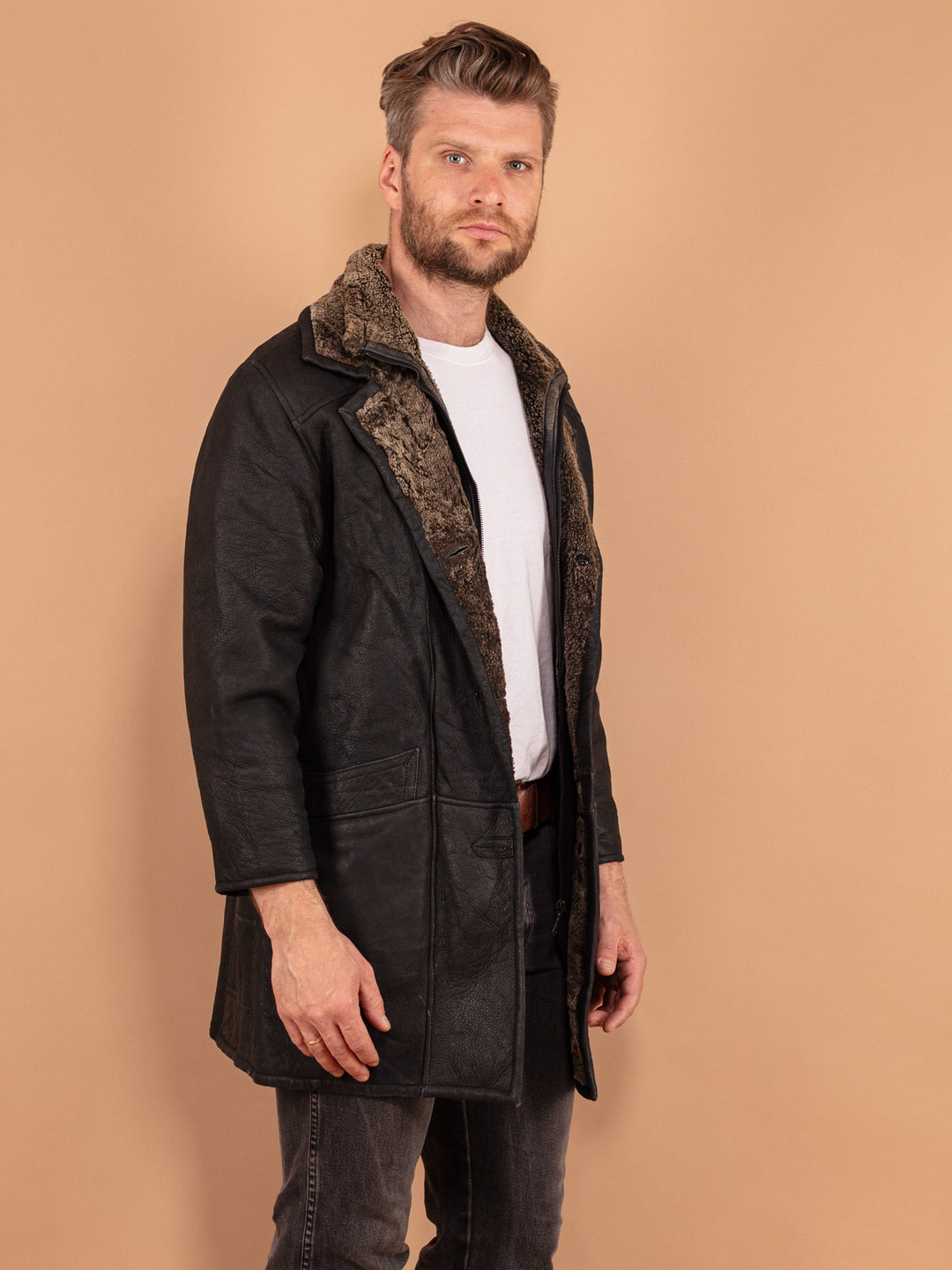 Vintage 90's Men Sheepskin Coat in Black