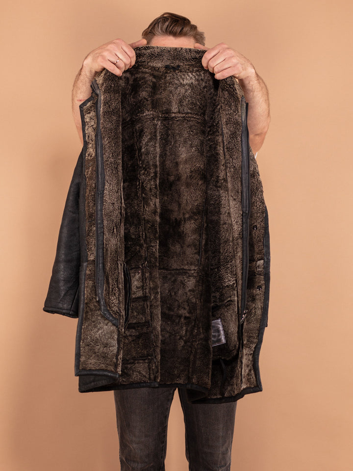 Vintage 90's Men Sheepskin Coat in Black