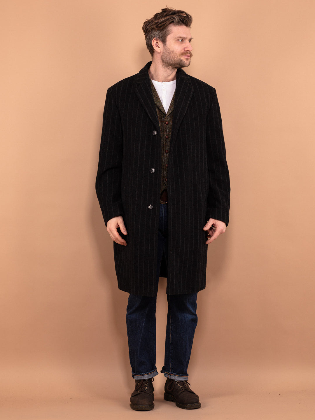 Striped Wool Coat 90's, Classic Wool Coat Size L, Gray Wool Coat, Vintage Wool Coat For Men, Retro Wool Coat, Vintage Outerwear, Timeless