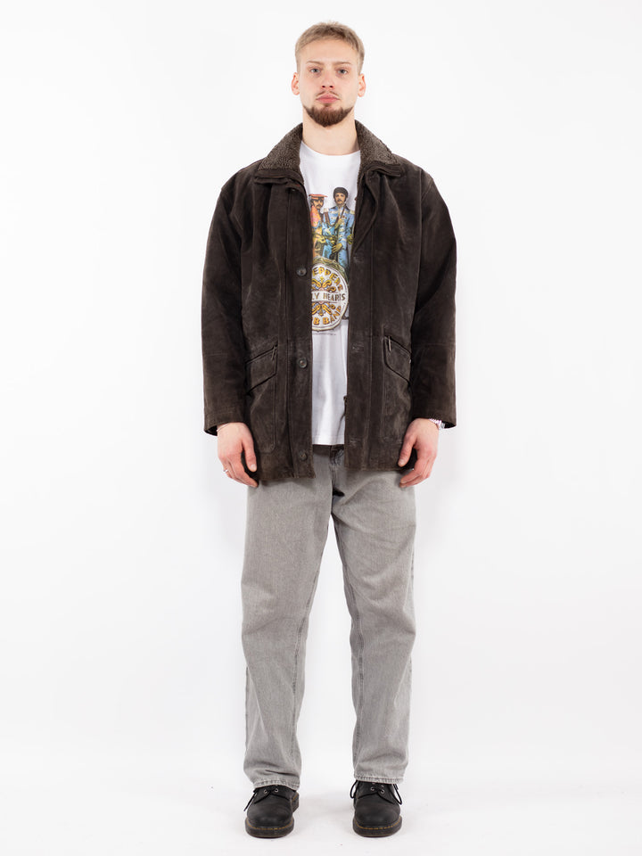 Vintage 90's Men Suede Sherpa Coat in Gray Brown