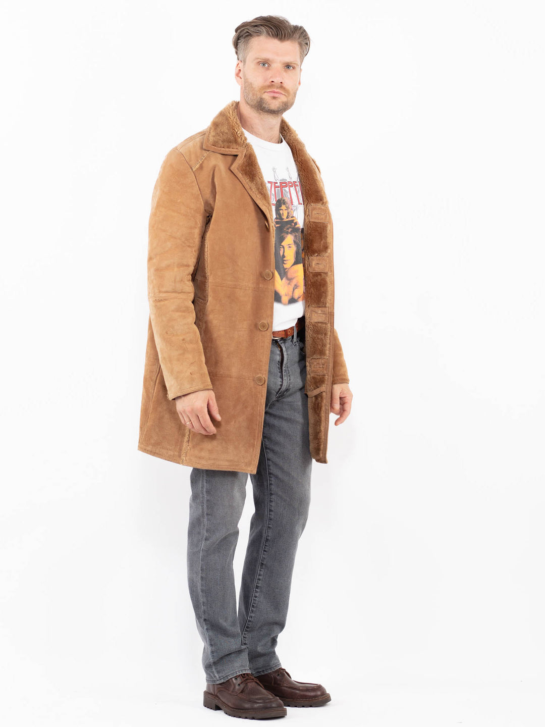 Vintage 90's Men Suede Sherpa Coat in Sand Brown
