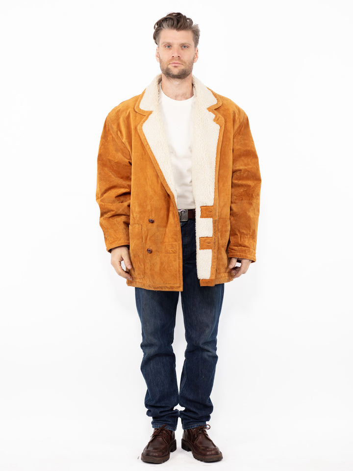 Vintage 90's Men Suede Sherpa Coat in Orange Brown
