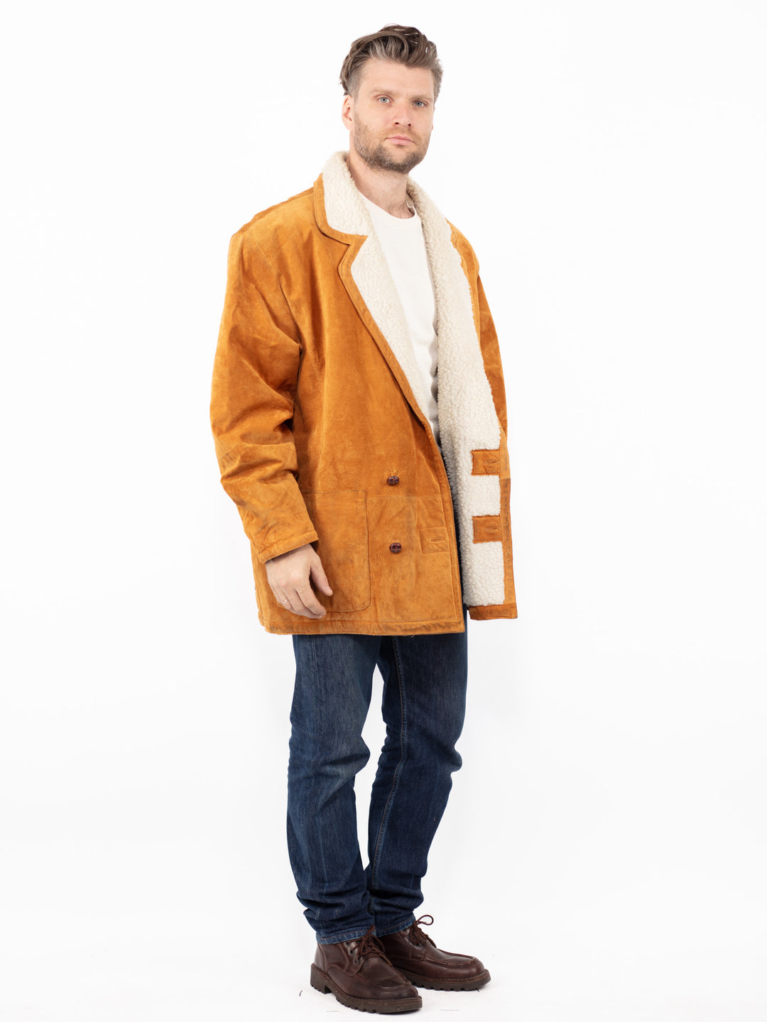 Vintage 90's Men Suede Sherpa Coat in Orange Brown