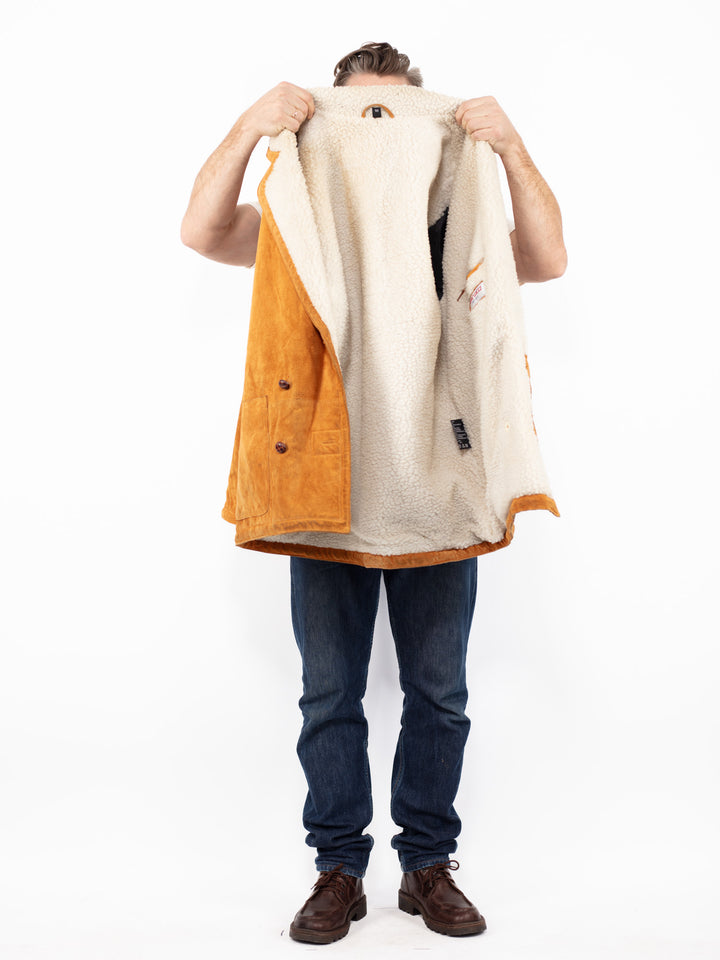 Vintage 90's Men Suede Sherpa Coat in Orange Brown