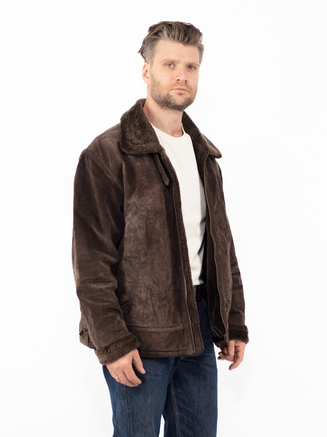 Vintage 90's Men Suede Sherpa Jacket in Brown