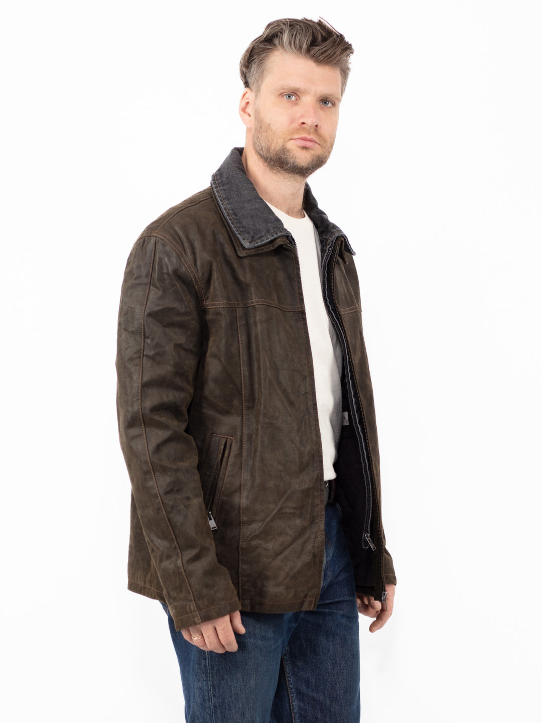 Vintage 90's Men Suede Denim Jacket in Green Brown