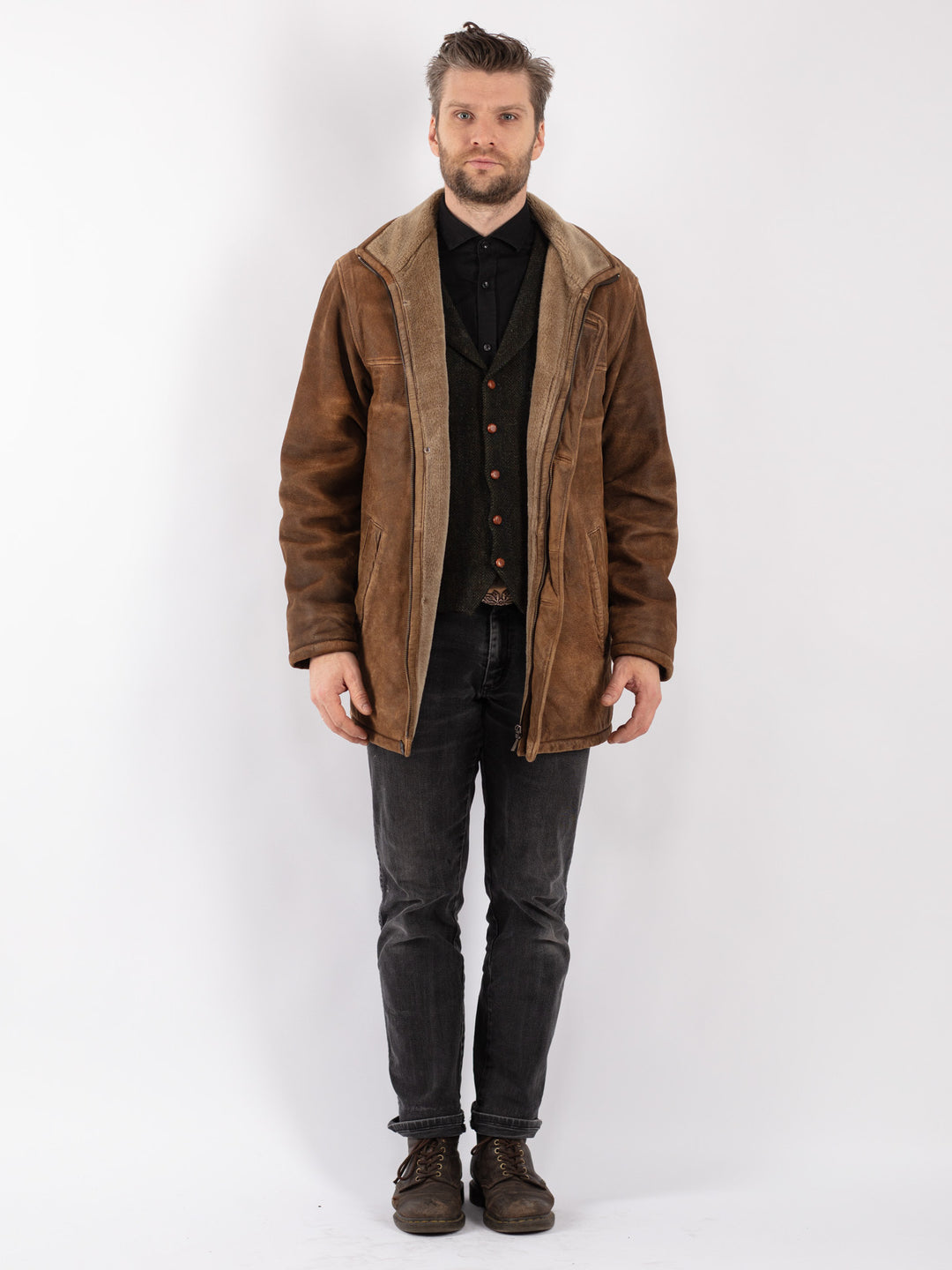 Vintage 90's Men Suede Sherpa Coat in Brown