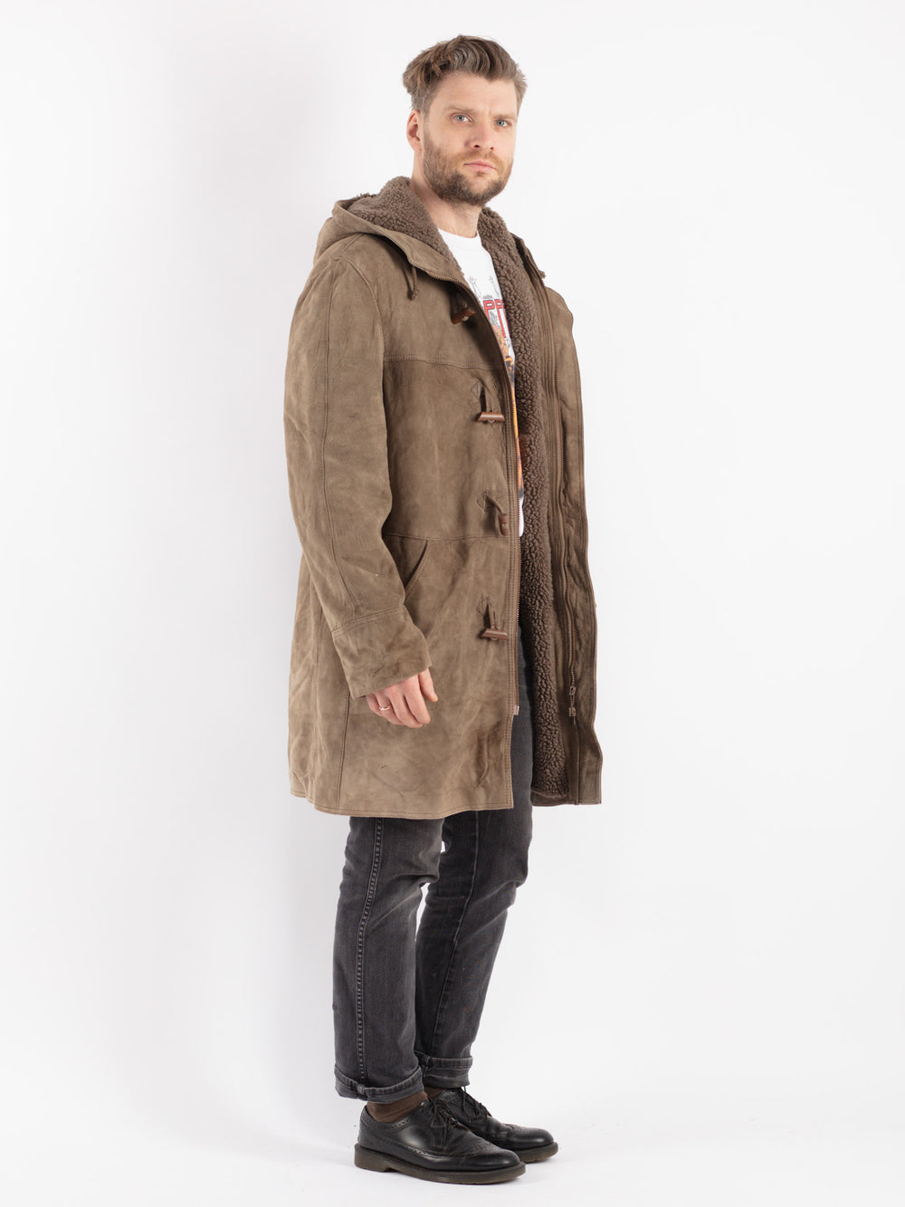Vintage 90's Men Suede Sherpa Coat in Beige