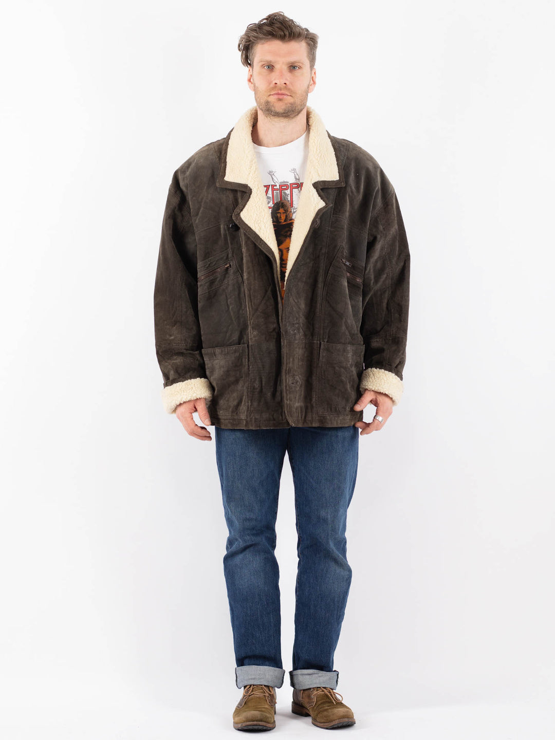 Vintage 90's Men Suede Sherpa Coat in GrayZ1542
