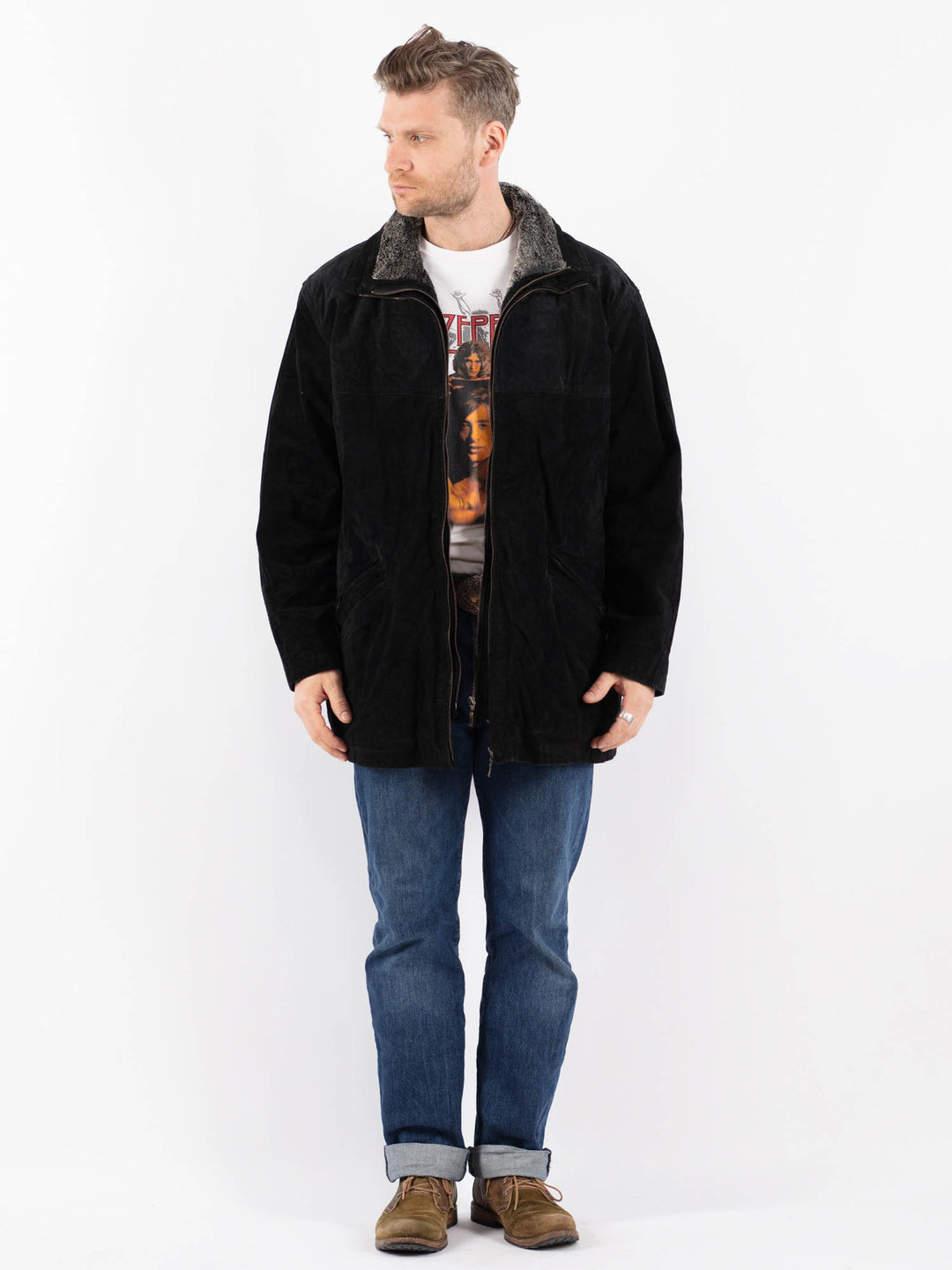 Vintage 90's Men Suede Sherpa Coat in BlackZ1550
