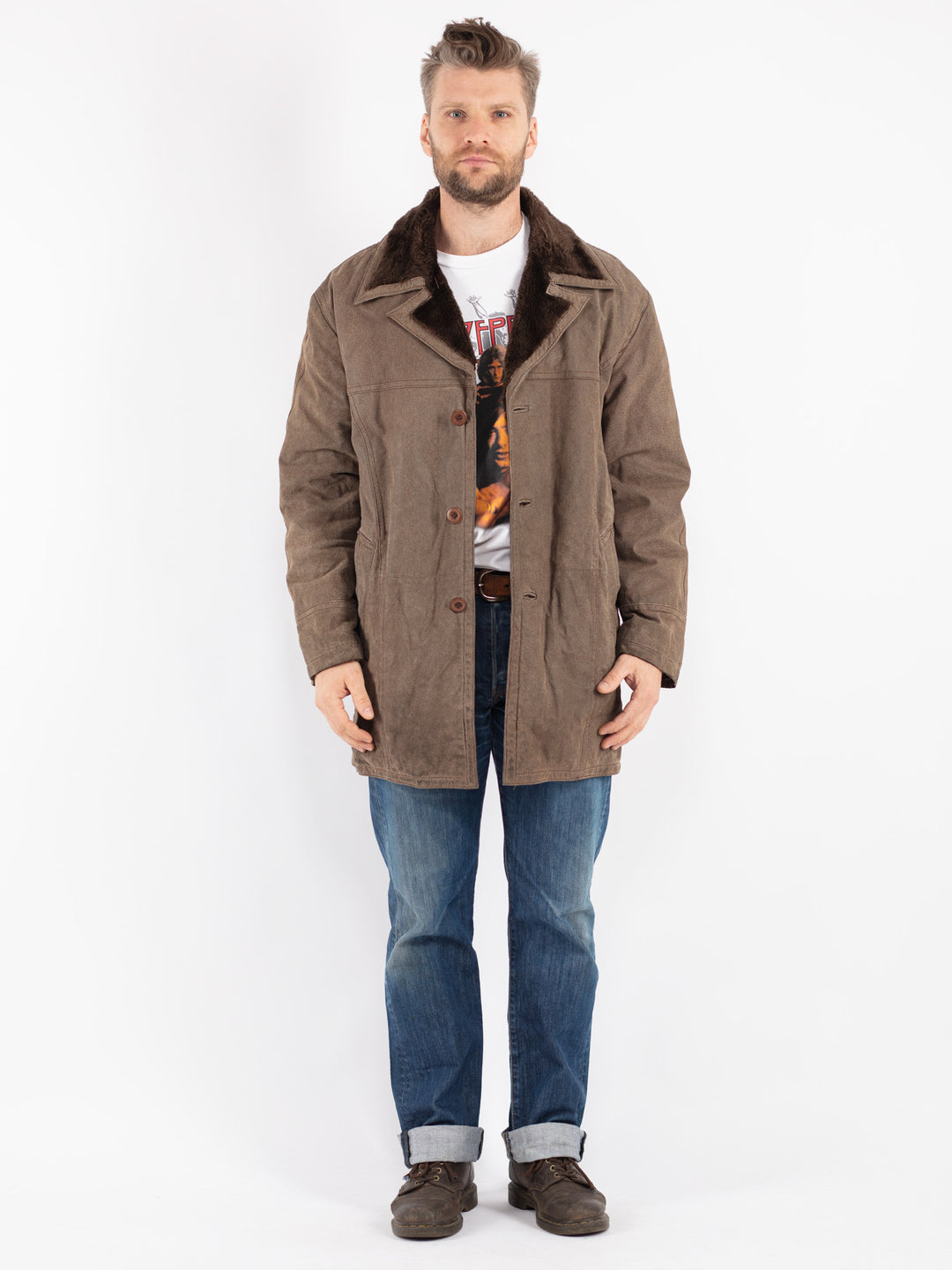 Vintage 90's Men Suede Sherpa Coat in Beige