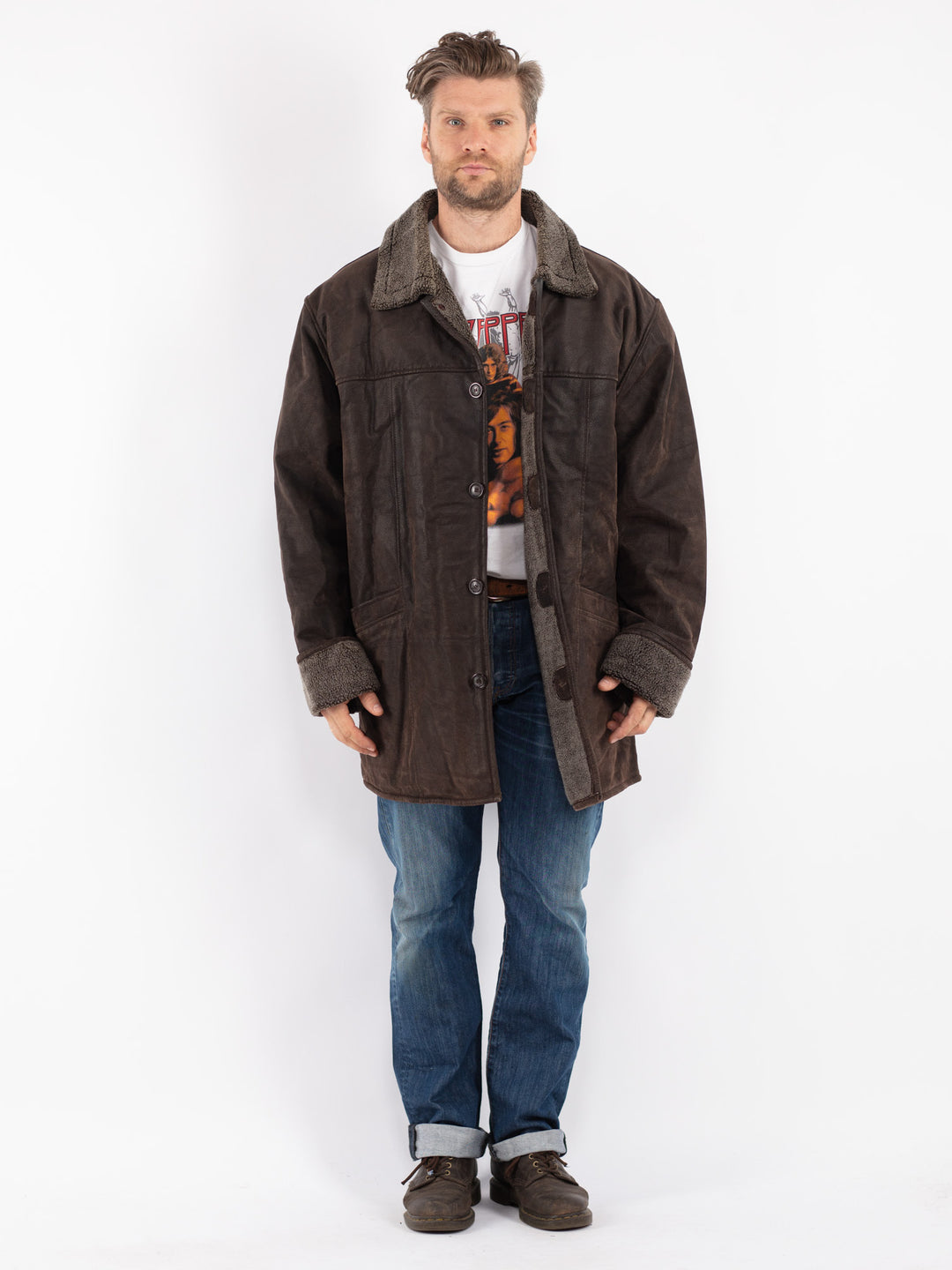 Vintage Men Suede Sherpa Coat in Brown