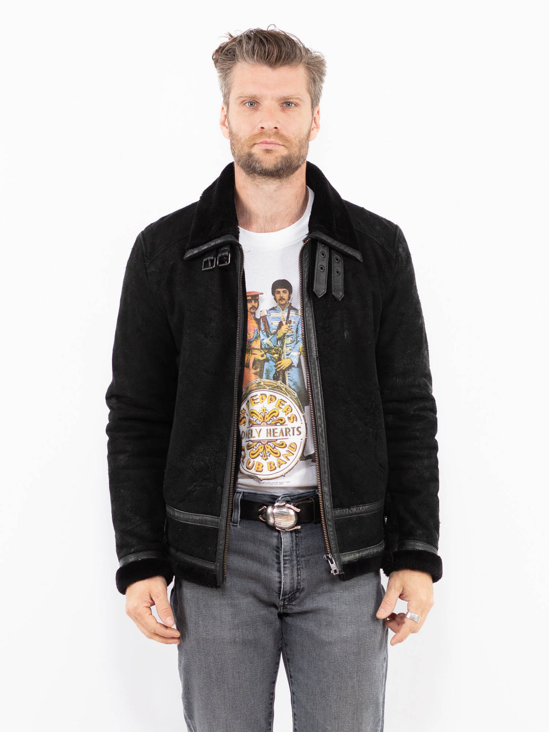 Vintage Men Suede Sherpa Jacket in BlackZ1916