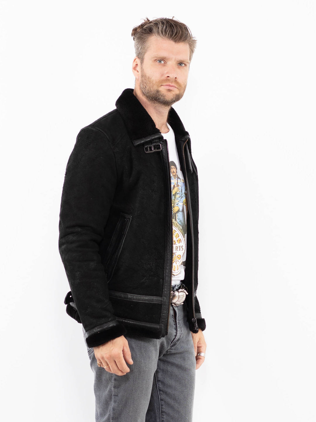 Vintage Men Suede Sherpa Jacket in BlackZ1916