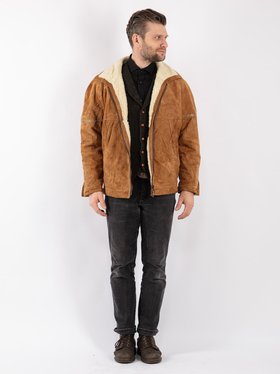 Vintage 90's Men Suede Sherpa Jacket in Brown