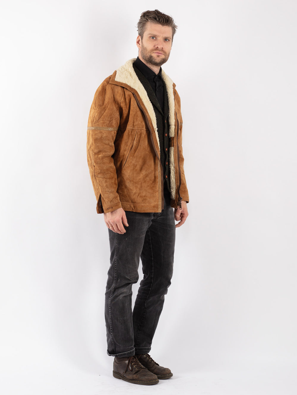 Vintage 90's Men Suede Sherpa Jacket in Brown