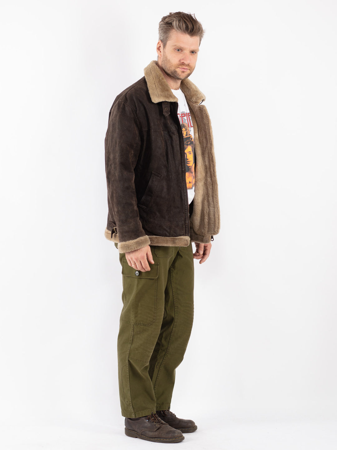 Vintage Men Suede Sherpa Jacket in Brown