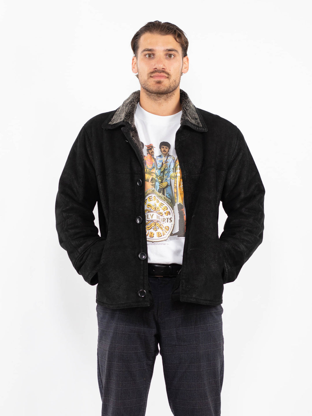 Vintage 90's Men Suede Sherpa Jacket in BlackZ2251