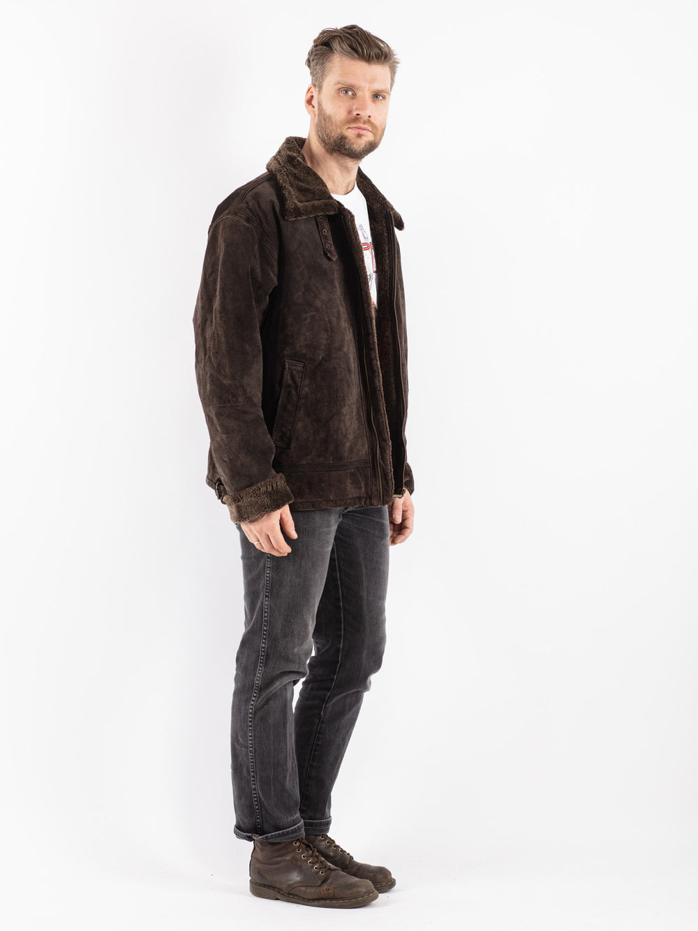 Vintage 90's Men Suede Sherpa Jacket in Brown