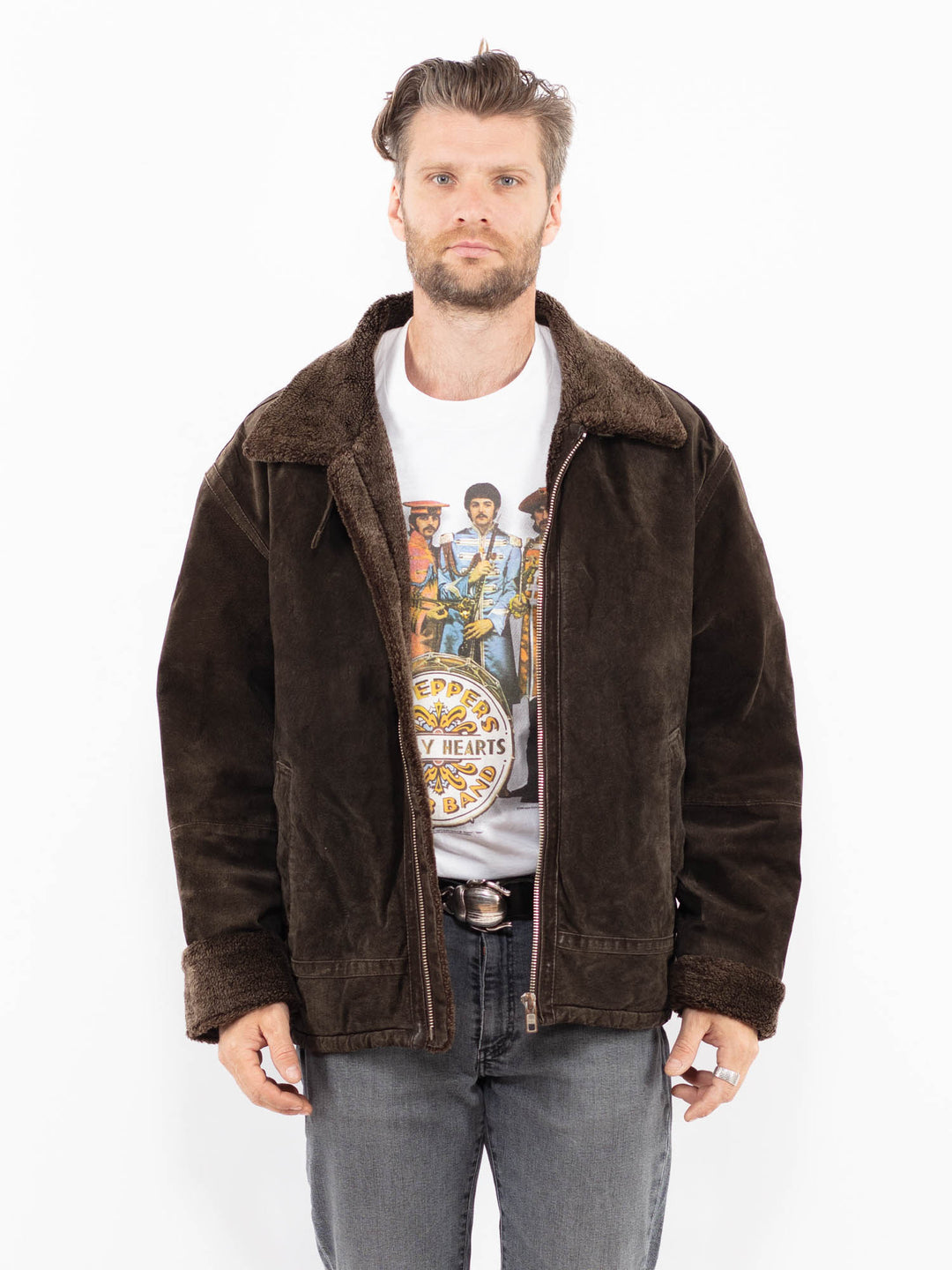 Vintage 90's Men Suede Sherpa Jacket in BrownZ2023