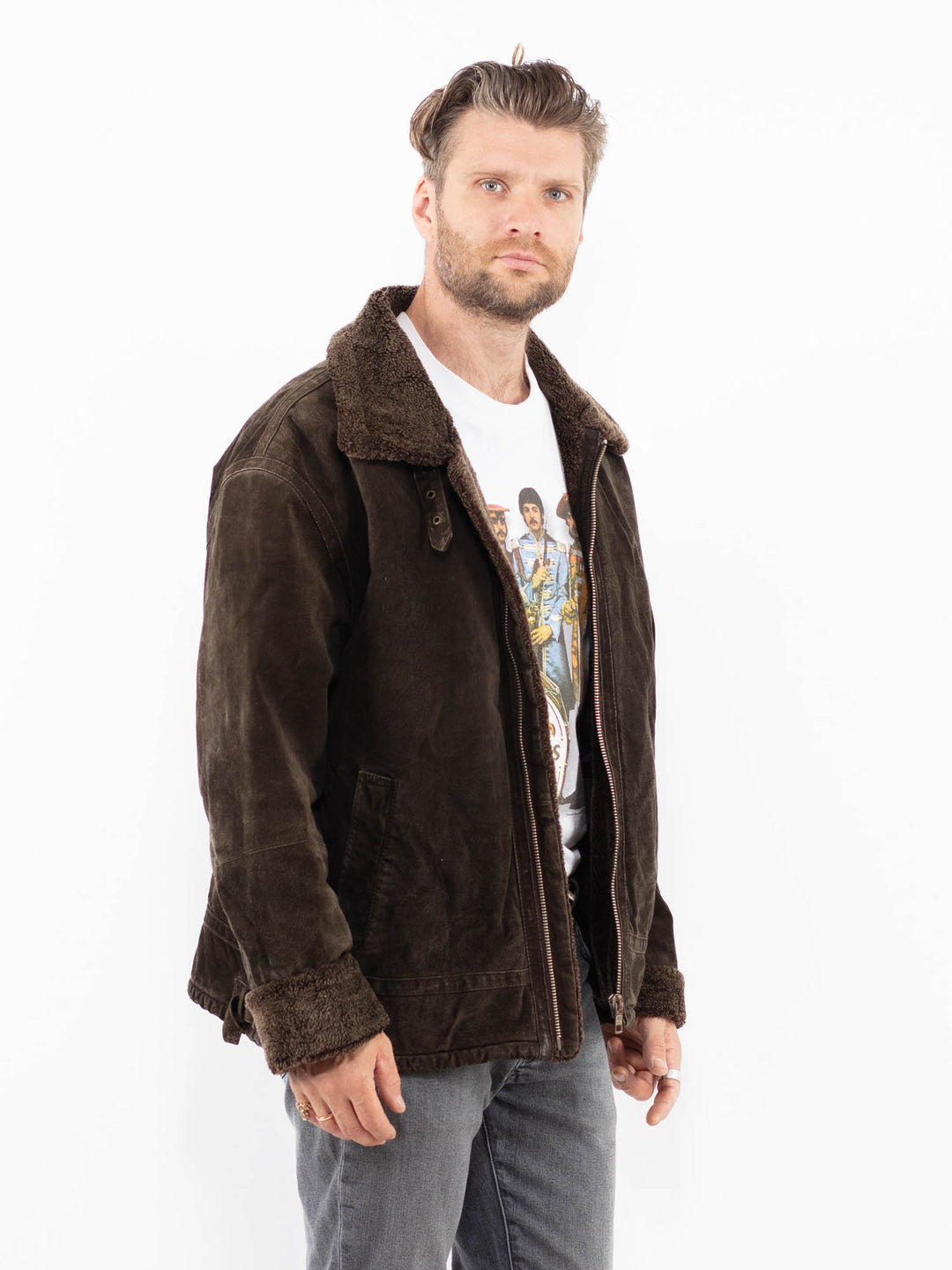 Vintage 90's Men Suede Sherpa Jacket in BrownZ2023