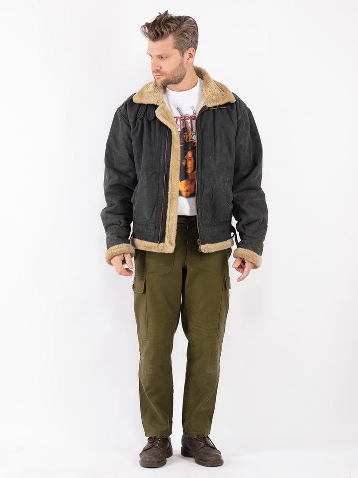 Vintage Men Suede Sherpa Jacket in Black