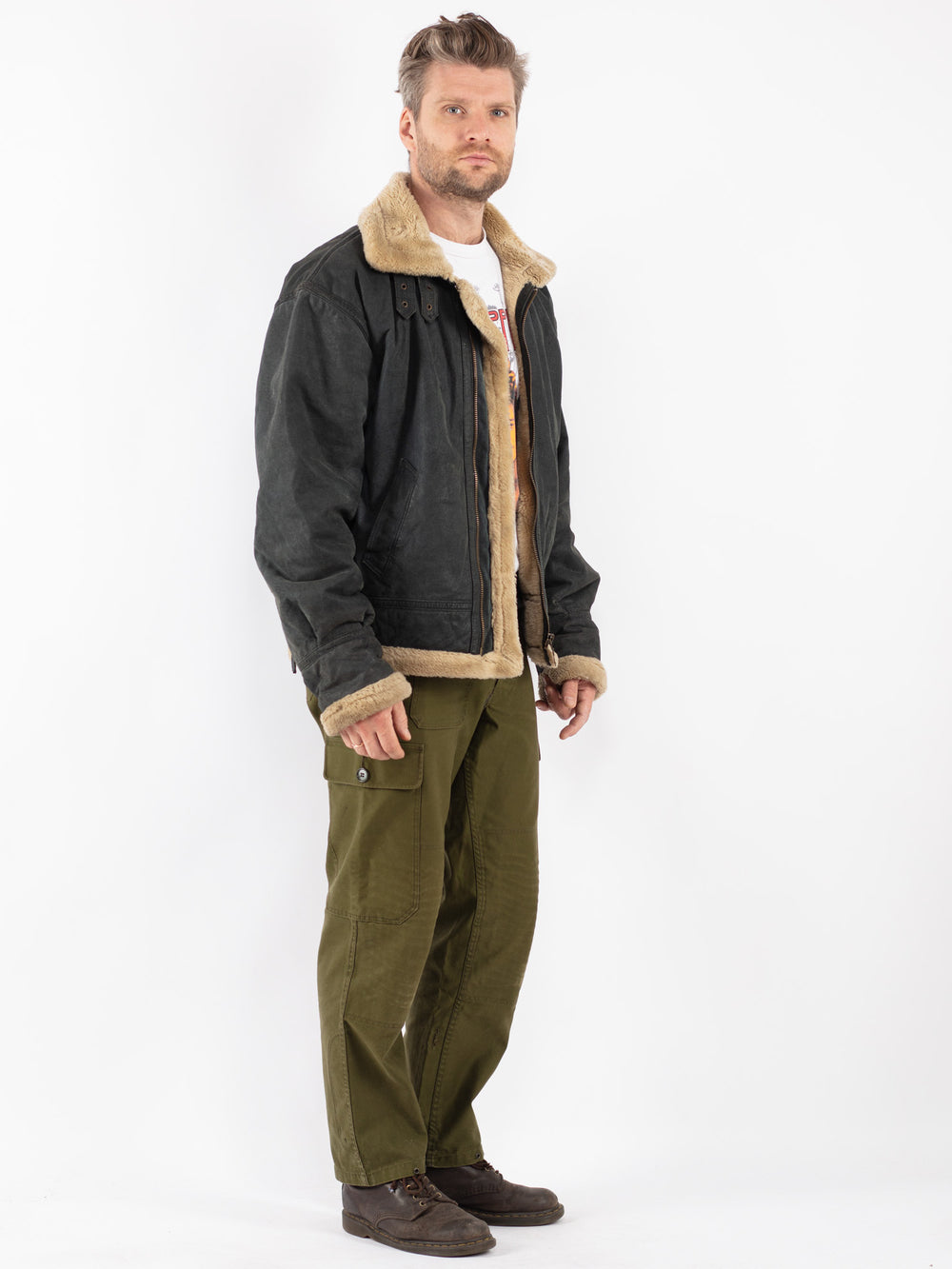 Vintage Men Suede Sherpa Jacket in Black