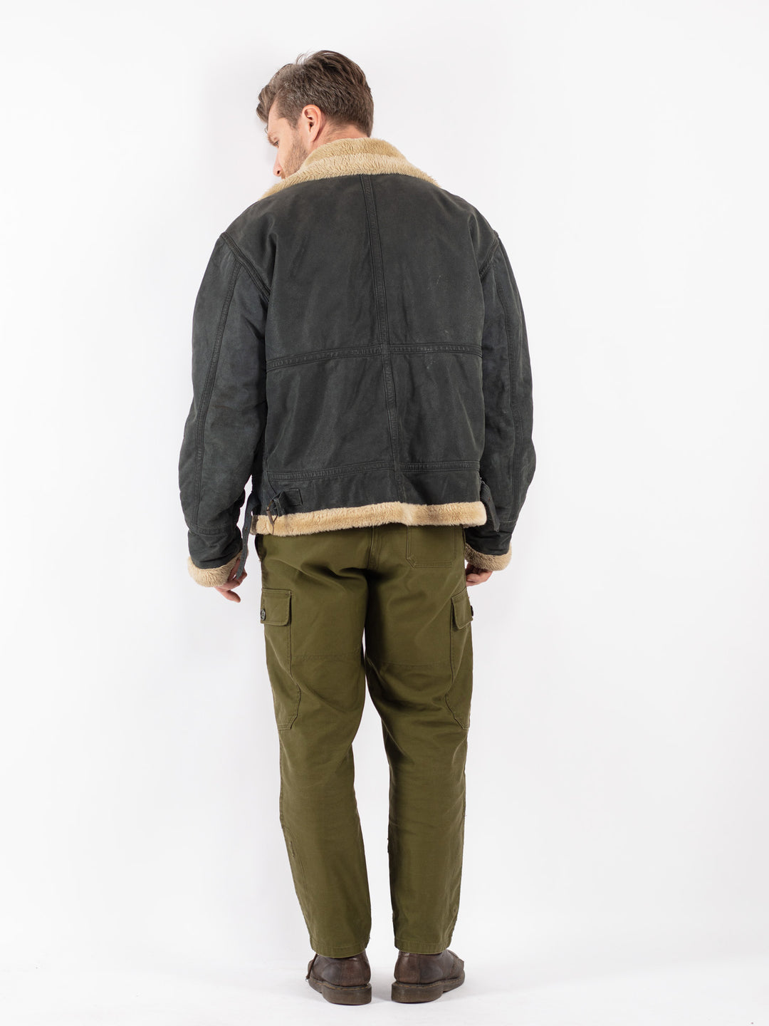 Vintage Men Suede Sherpa Jacket in Black