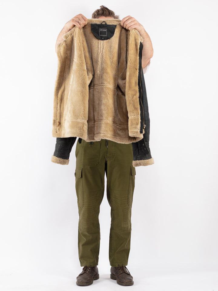 Vintage Men Suede Sherpa Jacket in Black