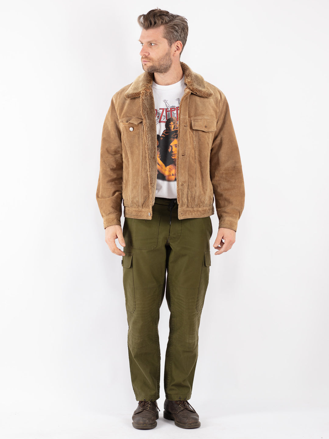 Vintage Men Suede Sherpa Jacket in Beige