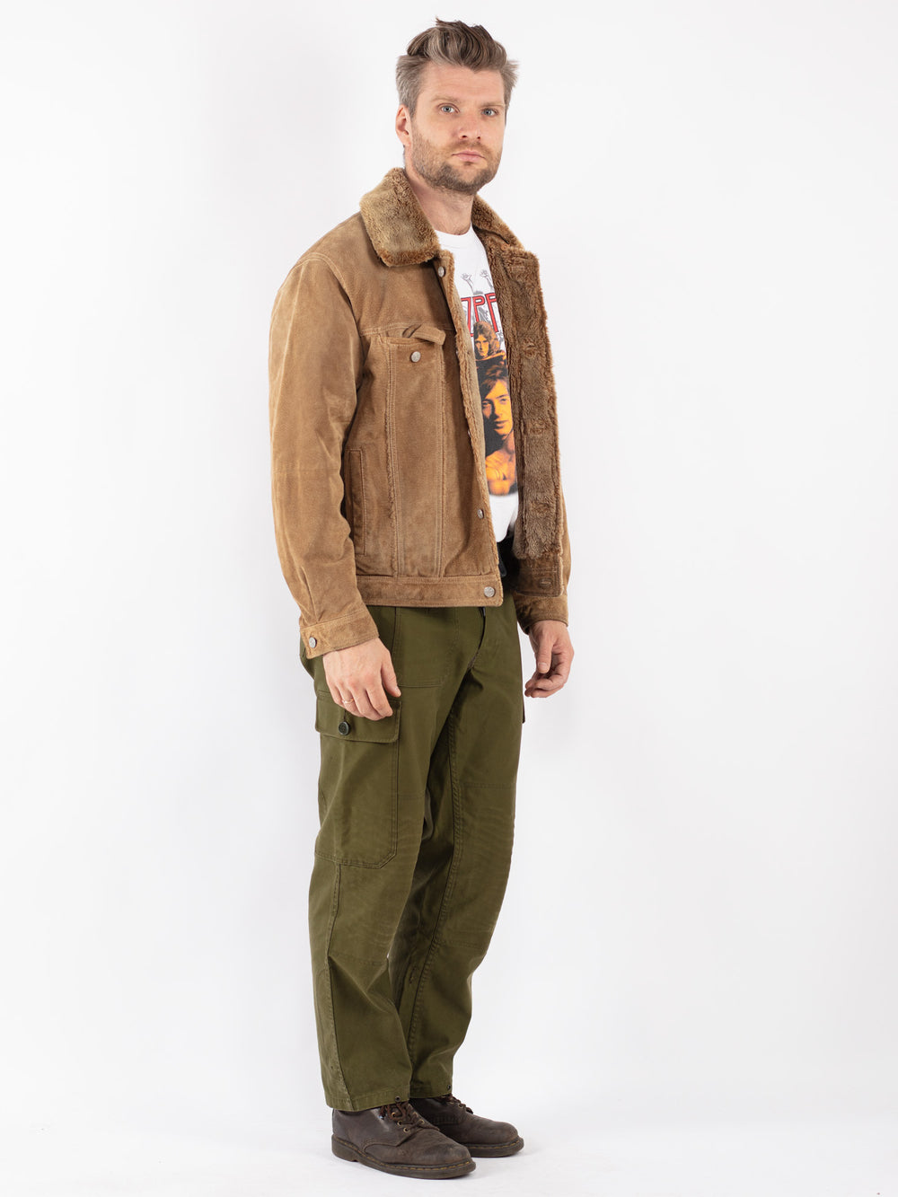 Vintage Men Suede Sherpa Jacket in Beige