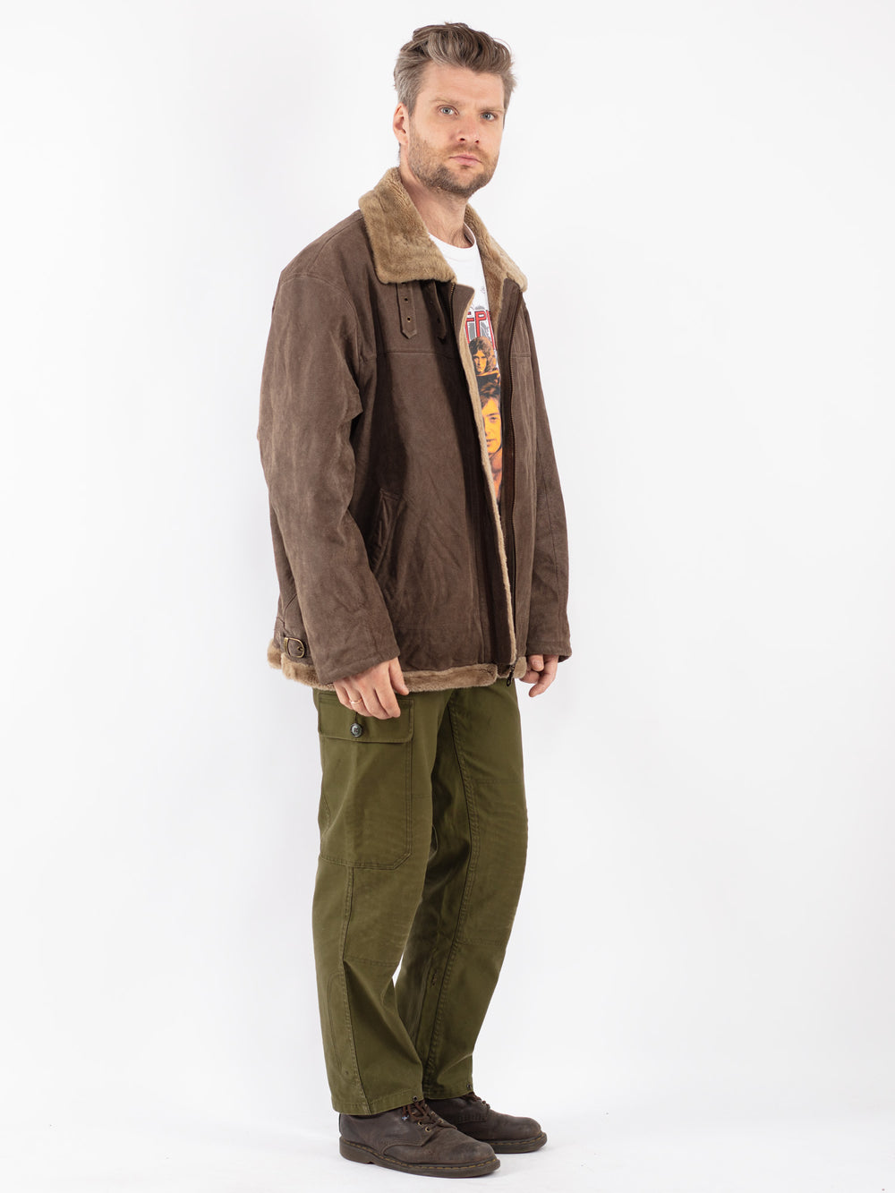 Vintage Men Suede Sherpa Jacket in Beige
