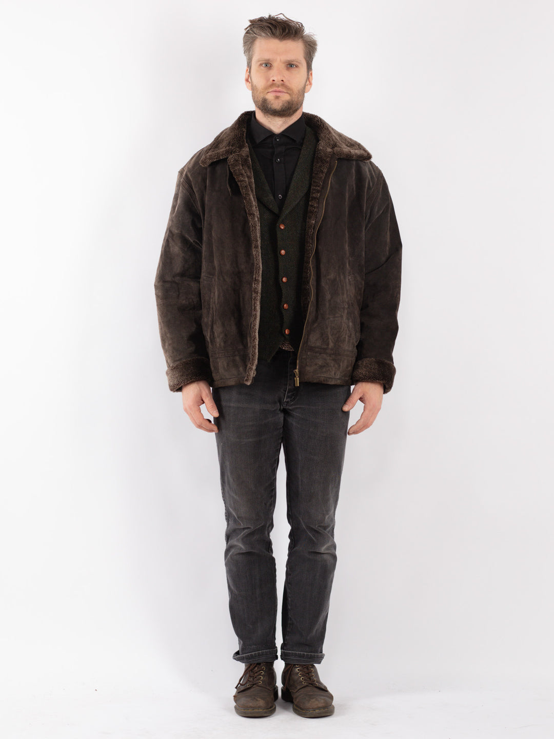 Vintage 90's Men Suede Sherpa Jacket in Brown