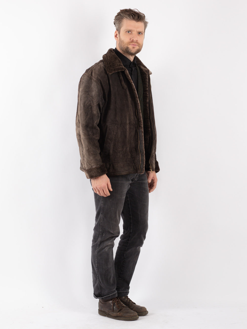 Vintage 90's Men Suede Sherpa Jacket in Brown