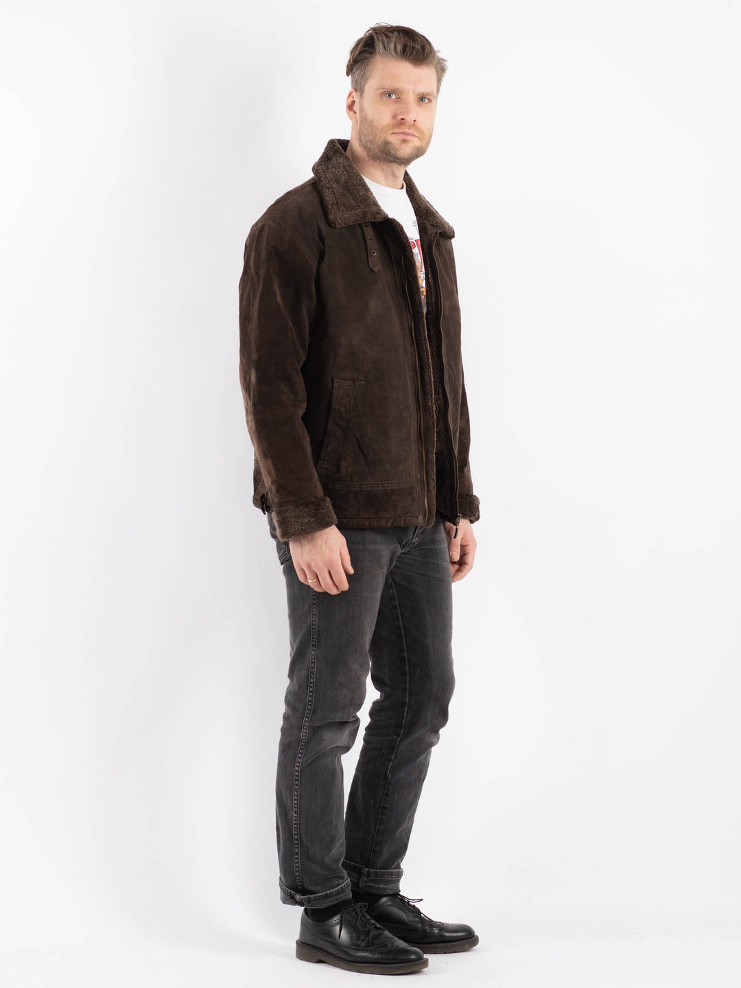 Vintage 90's Men Suede Sherpa Jacket in Brown