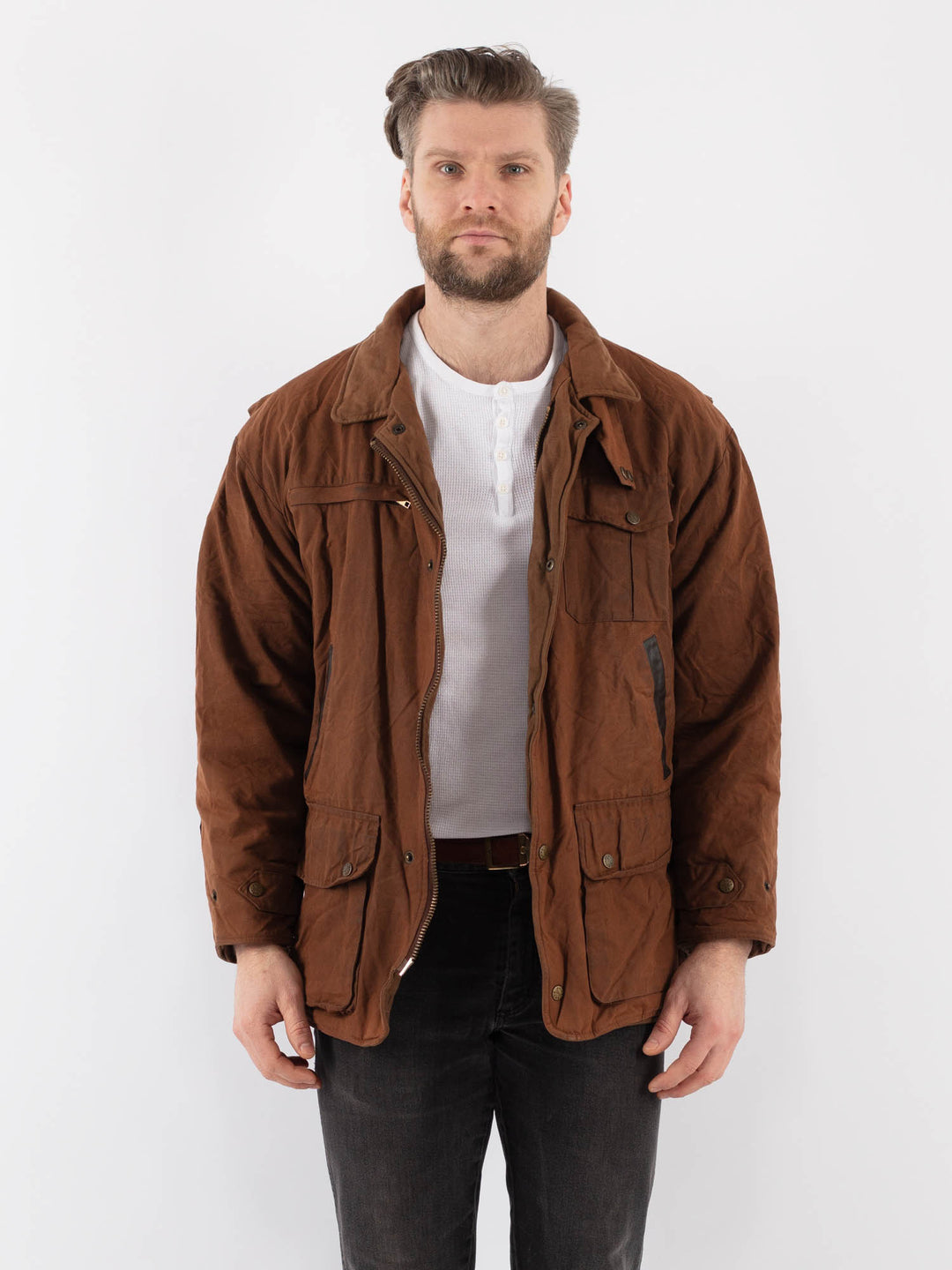 Vintage 90's Men Waxed Canvas Jacket in BrownZ923