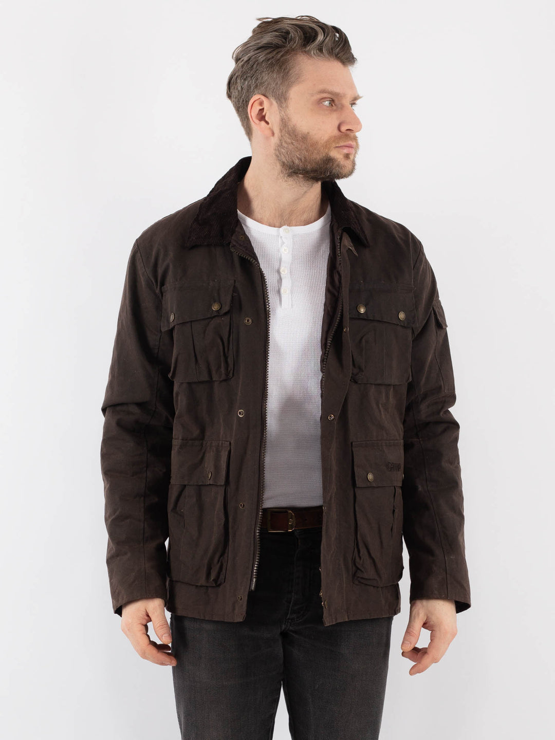 Vintage 90's Men Waxed Canvas Jacket in BrownZ887