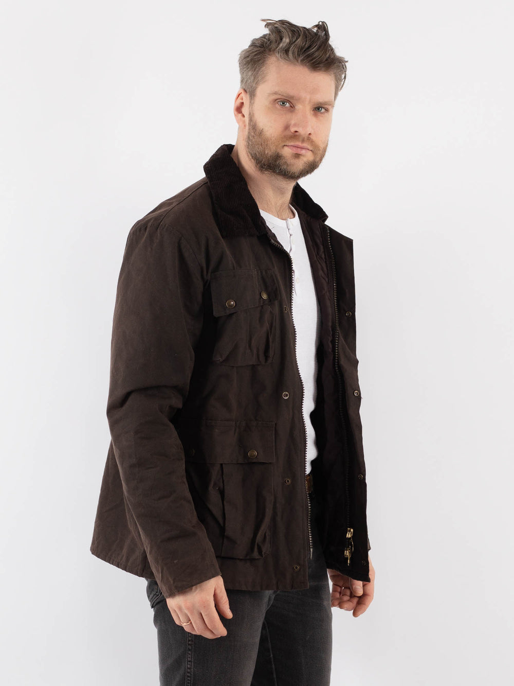 Vintage 90's Men Waxed Canvas Jacket in BrownZ887