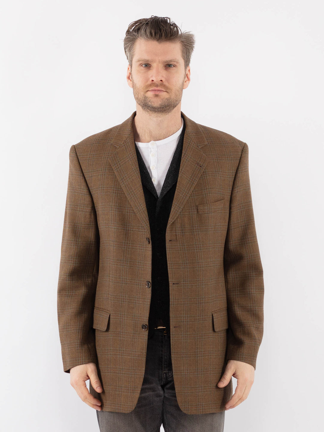Vintage 00's Men Wool Blazer Jacket in BrownZ1083